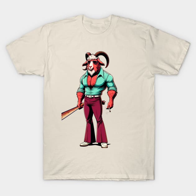 Retro Rebel: 70s Fashion goat with baseball bat T-Shirt by TimeWarpWildlife